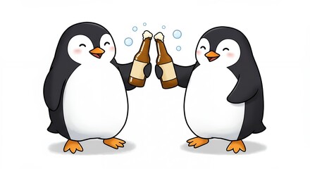 Fototapeta premium Happy penguins celebrate with beer bottles