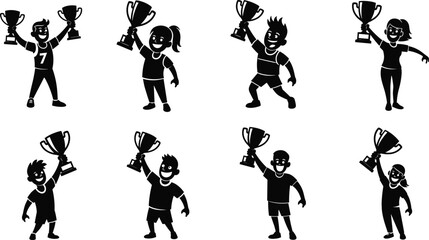 Winners holding trophy silhouette vector, pure black illustration of sports victory, achievement, success celebration, motivational cartoon design