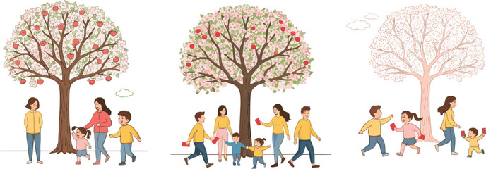 Happy family walking together, spring apple trees, children playing outdoors, family bonding, outdoor activity, seasonal joy, nature walk, parent-child fun