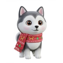 Naklejka premium Cute gray and white cartoon husky wearing a festive red scarf with reindeer and trees
