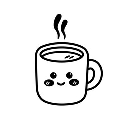 Cute Steaming Coffee Cup with Smiling Face. Thin Line Illustration.