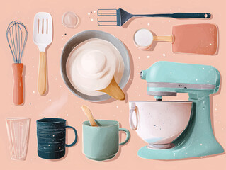 Whisk, spatula, bowl, ingredients, and mixer a top-down illustration showcasing a baking essentials set