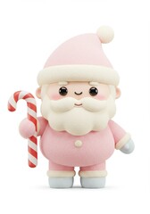Cute, pink Santa Claus figure holding a candy cane, isolated on white. 3D render. Soft, pastel tones