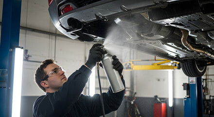 Mechanic cleaning car undercarriage with spray garage, focused worker wearing safety glasses