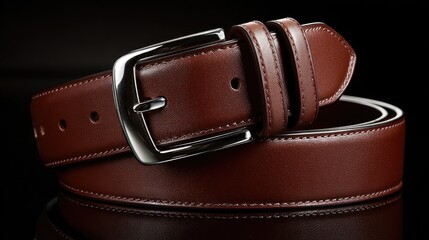 Brown leather belt, folded, on dark background