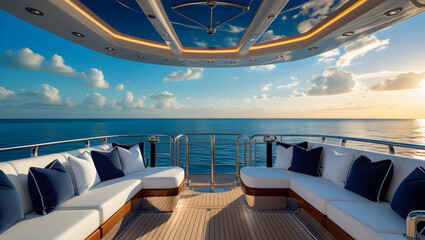 Obraz premium A luxury yacht deck with white cushions and blue pillows overlooking the ocean at sunset time