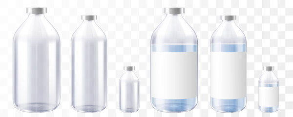 Medical Bottles. Glass Pharmacy Bottle. Drug Vial Blank. Vitamin Jar Template with Screw Lid Design. Essential Aromatic Oil Container Mockup without Label. Round Medicine Storage. Realistic 3d vector