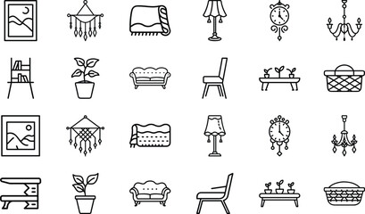 Minimalist Home Decor Line Icons for Interior Design and Decoration Projects