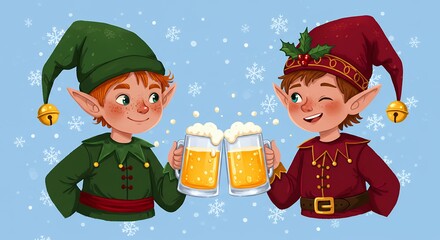 Two cartoon elves toasting with beer