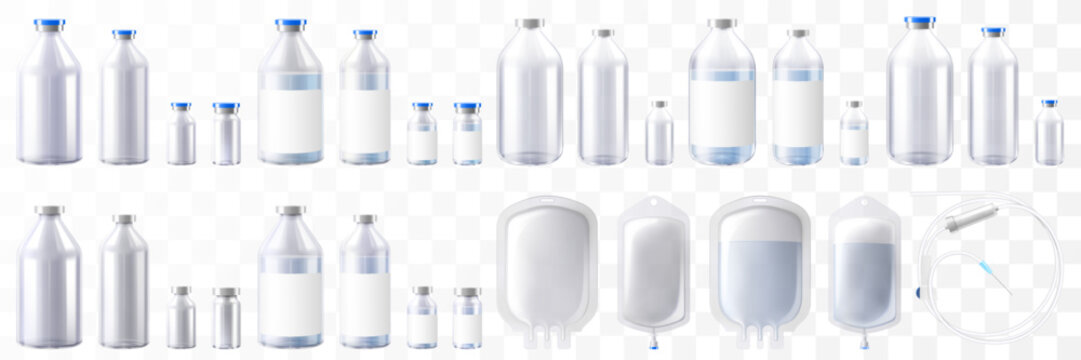 Transparent glass bottles for injections mockup. Vector illustration isolated on white background. Can be use for medicine, cosmetic and other. Ready for your design. EPS10. Realistic 3d vector