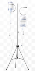 IV Stand with Drug Vial and Saline solution bag– Medical Infusion Pole with Hooks. Dropper Stand with Glass Medical Bottle. Laboratory equipment for blood transfusion. Realistic 3d Vector Illustration