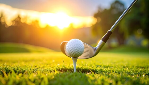 Golf Ball on Tee Ready for Drive at Sunset on Golf Course. - Powered by Adobe