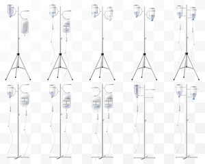 Set of Hospital IV Stands, Medical Infusion Pole with Hooks isolated on transparent background. IV Blood Bag Dropper Stand. Laboratory equipment for blood transfusion. Realistic 3d Vector Illustration