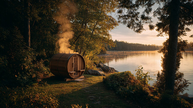 Wooden barrel sauna releasing steam during sunset, positioned lakeside amid dense forest, embodying tranquil wilderness relaxation experience