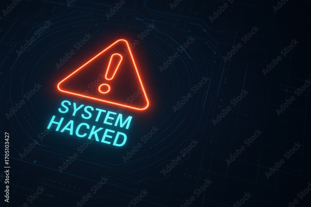 Poster system hacked warning sign highlights cybersecurity breach with glowing exclamation mark on digital 