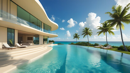 Fototapeta premium A modern villa with an infinity pool overlooking the ocean under a bright blue cloudy sky day light