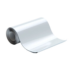 Rolled, glossy, white sheet material.  A smooth, reflective,  white flexible sheet material, rolled on a spool.  Flattened section extends from the roll