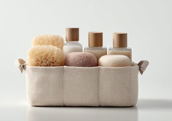 Natural spa toiletries in a light beige basket.  Small bottles of lotion,?natural sponges, and?pumice stones?are neatly organized in a fabric basket against a white background