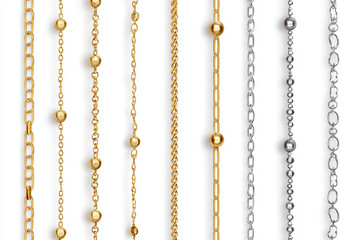 Gold and silver chains - beaded, twisted, layered - suspended vertically on pristine white background, highlighting intricate metallic jewelry design and craftsmanship