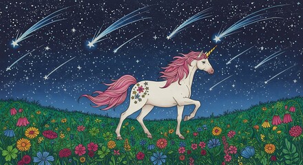 Unicorn in floral field with shooting stars