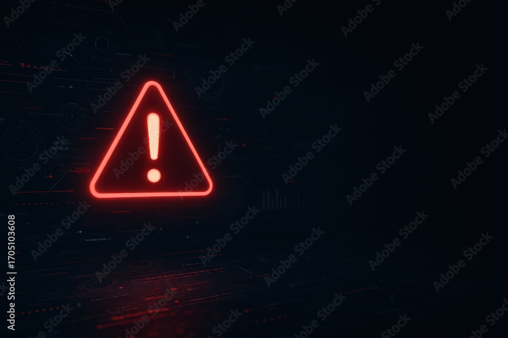 Poster cybersecurity breach warning with system hacked alert symbol glowing red on dark digital background 