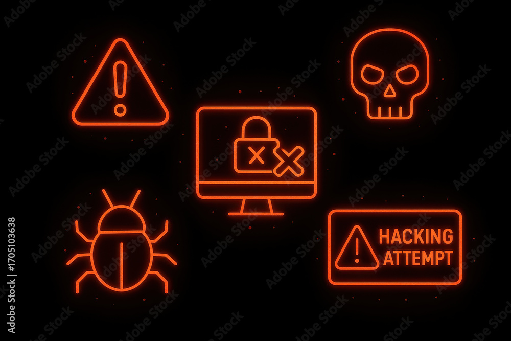 Aufkleber cybersecurity breach system hacked warning sign with glowing red icons including bug skull computer 