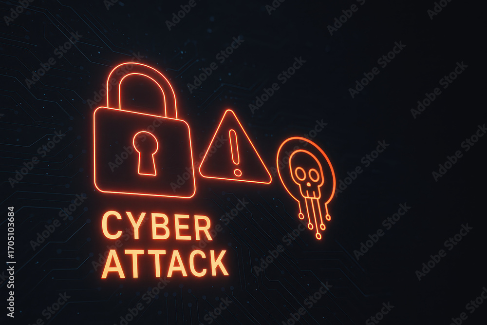 Poster cybersecurity breach with system hacked warning sign and glowing lock symbol illustrate digital thre