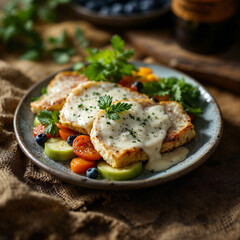 Delicious pork chops with creamy sauce, served on a bed of fresh vegetables and herbs, creating a visually appealing and appetizing culinary experience