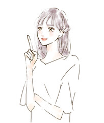 指をさしながら説明している女性の手描きイラスト　水彩風