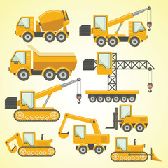 Flat Style Construction Vehicle Machinery Set Industrial Equipment Illustration