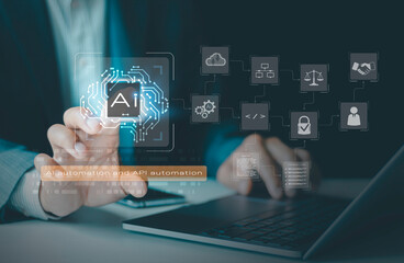 Businessman using laptop computer for managing automation technology AI agent automation, API automation data transfer through system integration Intelligent process automation technology solutions