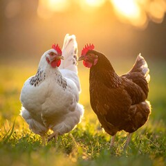 Fototapeta premium Two chickens in a field at sunset