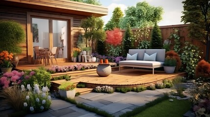 Naklejka premium Serene backyard retreat with lush garden landscaping and outdoor seating ambiance