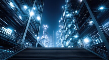 Industrial sci-fi environment with glowing blue lights, complex pipework, and multi-level structural depth.