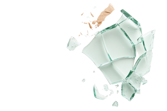A shattered glass piece isolated on a white background, showcasing the sharp edges and scattered shards.