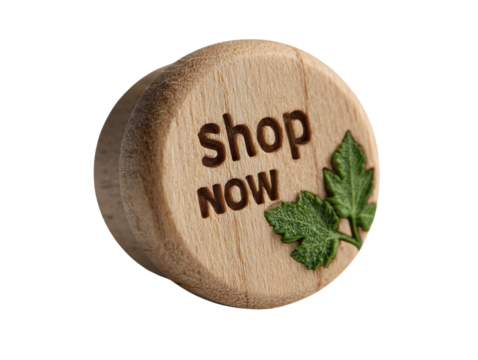 Artisanal wooden button with 'Shop Now' inscription and delicate green leaf accents on transparent - Powered by Adobe