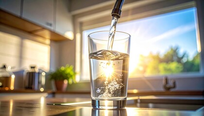 Glass being filled with clean water from a faucet in a bright kitchen with morning sunlight shining through the window. Concept of freshness, hydration, healthy lifestyle, and home comfort.