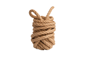 A coiled natural hemp rope isolated on a white background, perfect for DIY projects, crafts, and decor.