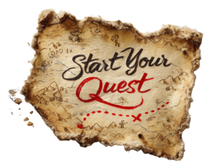Ancient parchment map with 'Start Your Quest' inscription inviting exploration adventure isolated