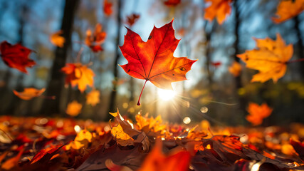 Golden autumn leaves background with beautiful bokeh. A seasonal fall wallpaper and abstract nature texture for a design template.