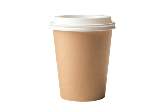 A disposable paper coffee cup with a white lid on a transparent background.