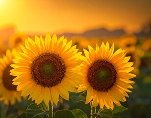 Obraz premium Two sunflowers at sunset