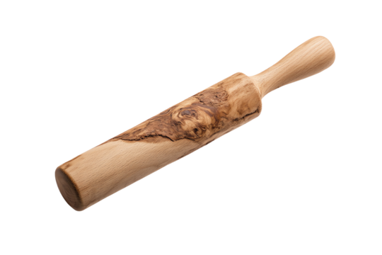 A handcrafted wooden rolling pin with unique grain patterns, perfect for baking enthusiasts and kitchen decor.