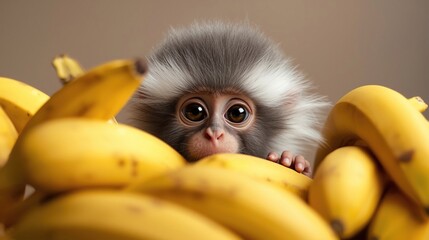 A small monkey with fluffy fur and large eyes is curiously looking over a stack of ripe bananas. The playful expression highlights its sense of adventure and interest in the fruit.