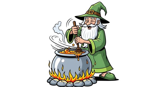 An old wizard with a long white beard and a green hat and robe is stirring a bubbling cauldron over a fire, isolated on white background - Powered by Adobe