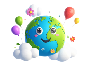 Cartoon Planet Earth with Smiling Face and Clouds isolated on transparent background PNG