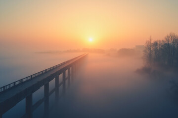 Obraz premium misty-bridge-sunrise-fog-mystical-landscape