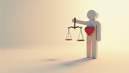 Figurine holding balance scales with heart symbol representing justice  
