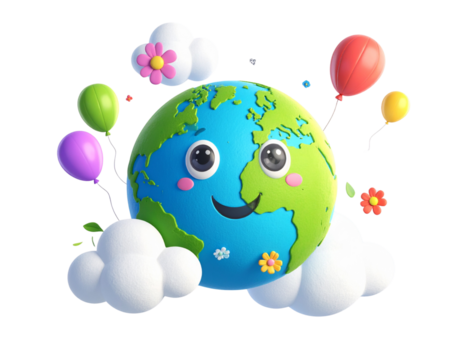 Cartoon Planet Earth with Smiling Face and Clouds isolated on transparent background PNG