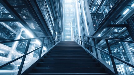 Industrial interior with metal beams and upward perspective suggests control, structure, and spatial rhythm.